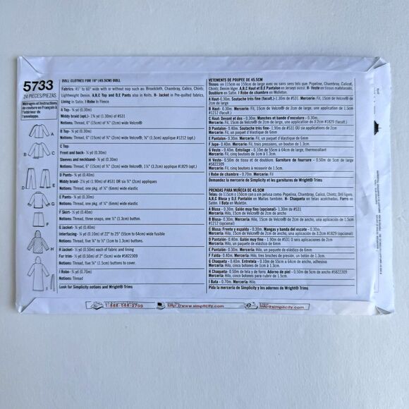 Simplicity 18" Doll Clothes Sewing Pattern 5733 Elaine Heigl Designs Wrights - Picture 3 of 3